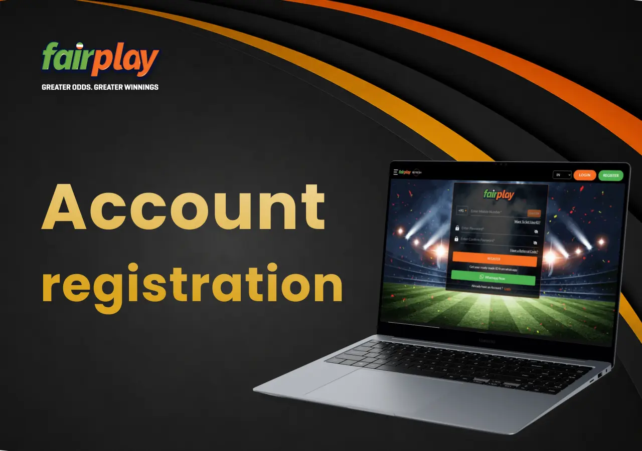 Laptop displaying the registration form for creating a new player fairplay account.