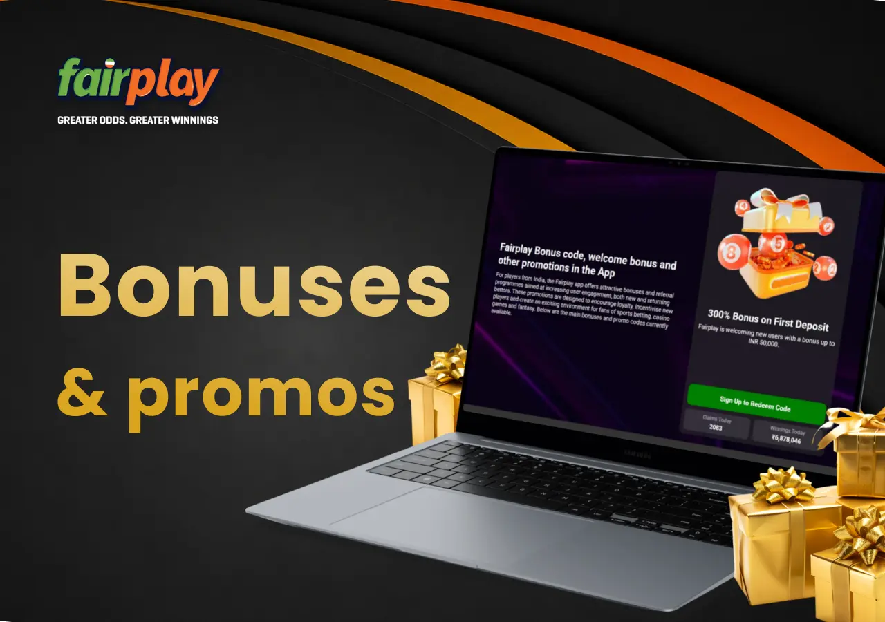 FairPlay bonus offers page on a laptop with gifts, dice and sports accessories.