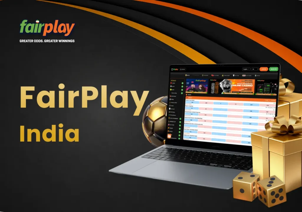 FairPlay homepage displayed on a laptop with sports gear, dice and gift boxes nearby.